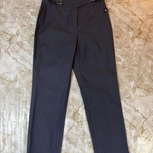 Esmoda Straight Leg Pants with Belted Waist Detail and Embroidered Pegasus - Picture 1 of 6